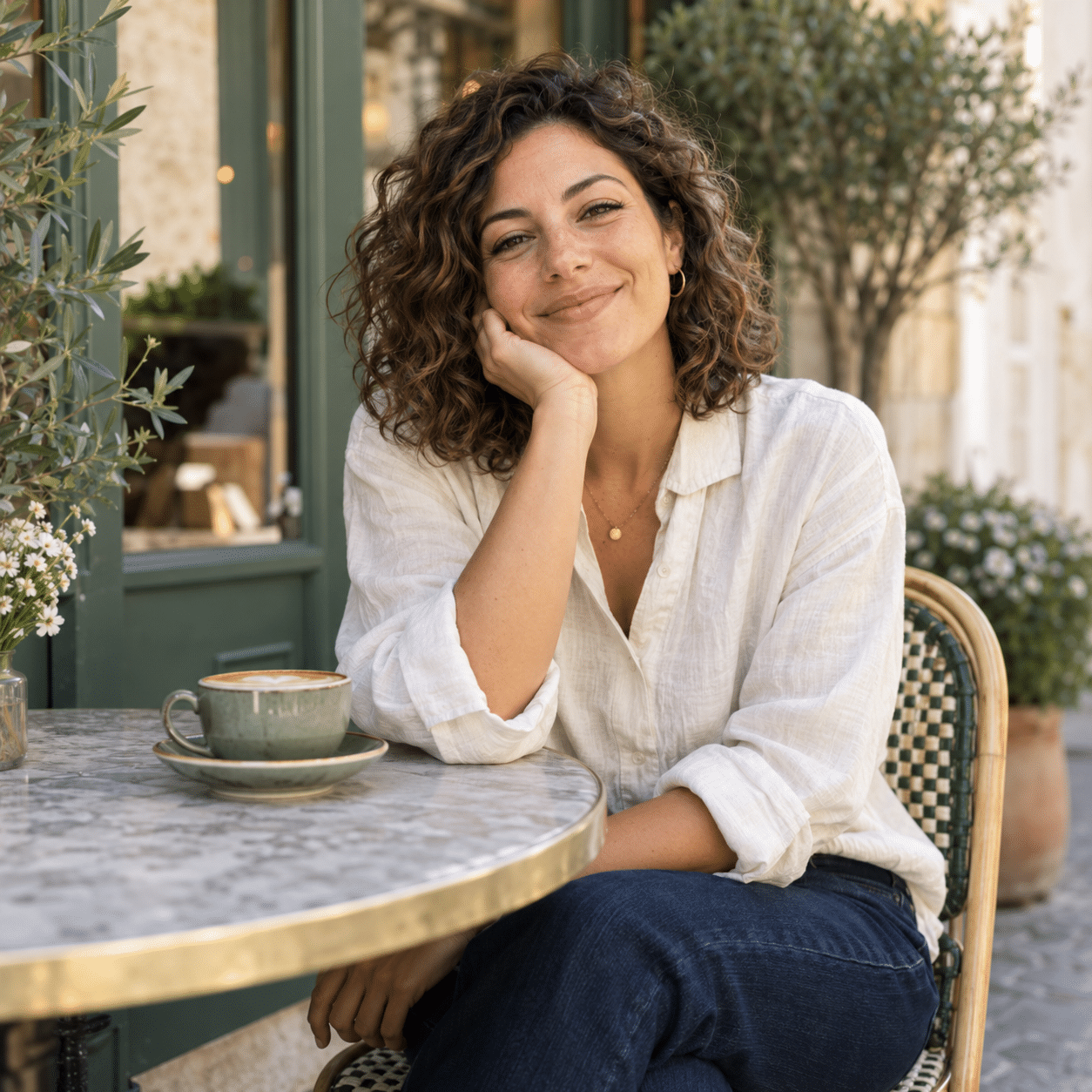 Une créatrice à la terrasse d’un café.