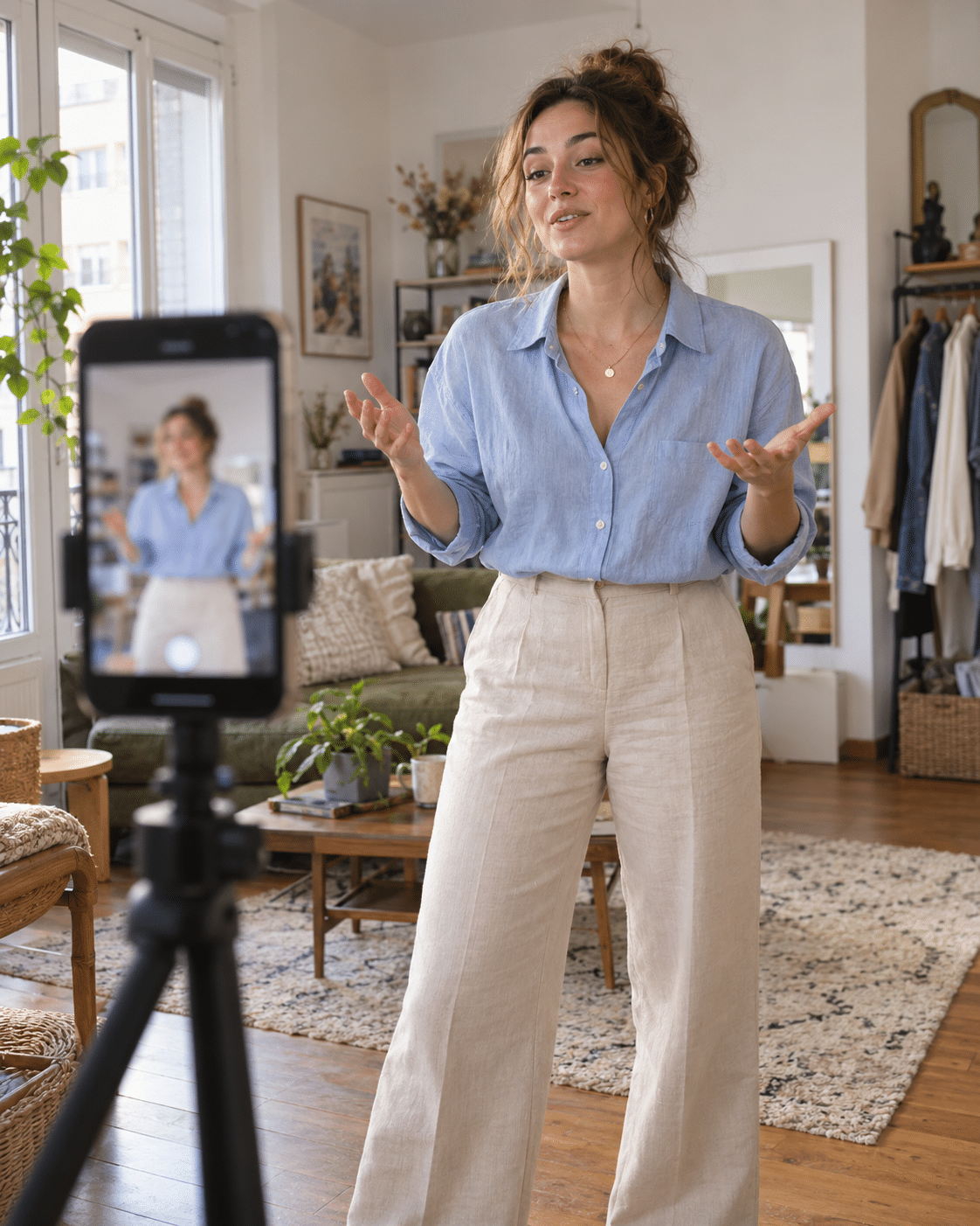 Une créatrice filme une vidéo verticale avec son smartphone sur trépied.