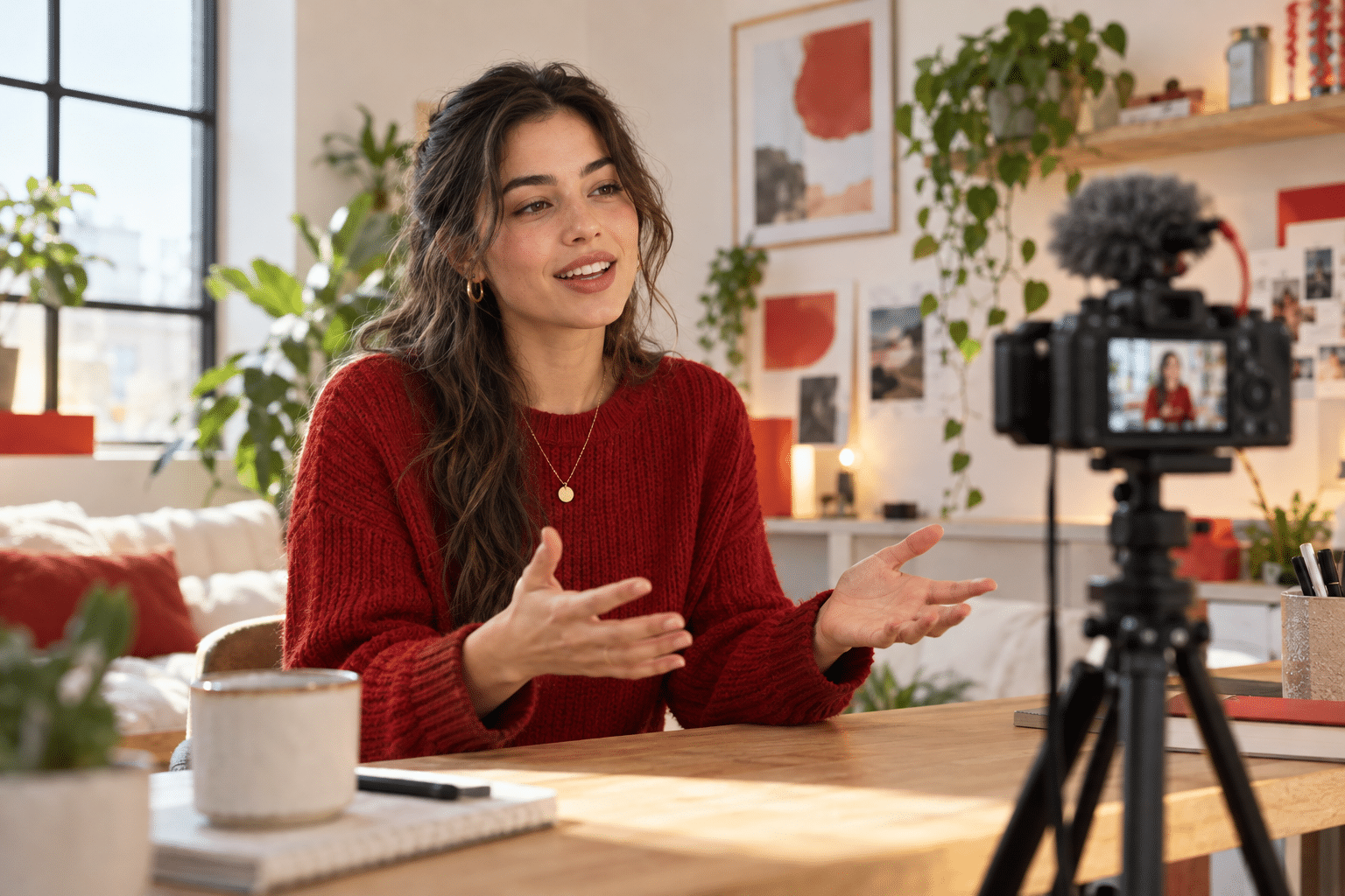 Une créatrice enregistre une vidéo face à sa caméra.