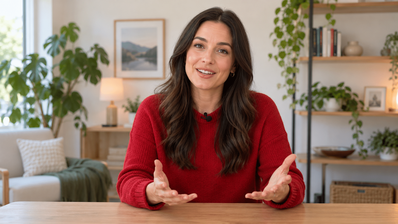 Une présentatrice explique un sujet face caméra.